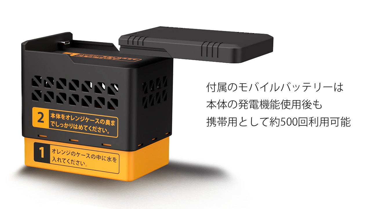 付属のモバイルバッテリーは本体の発電機能使用後も携帯用として500回使える